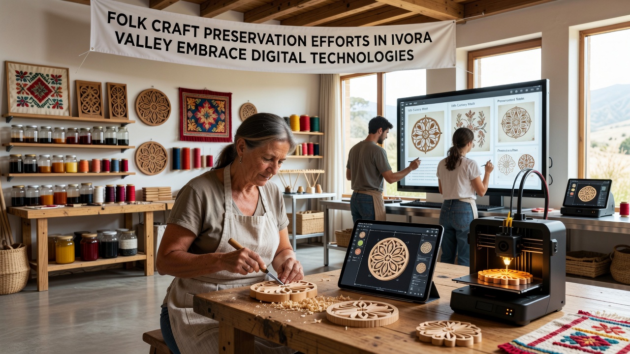 Digital workshop in Ivora Valley showing artisans reviewing 3D craft models on tablets
